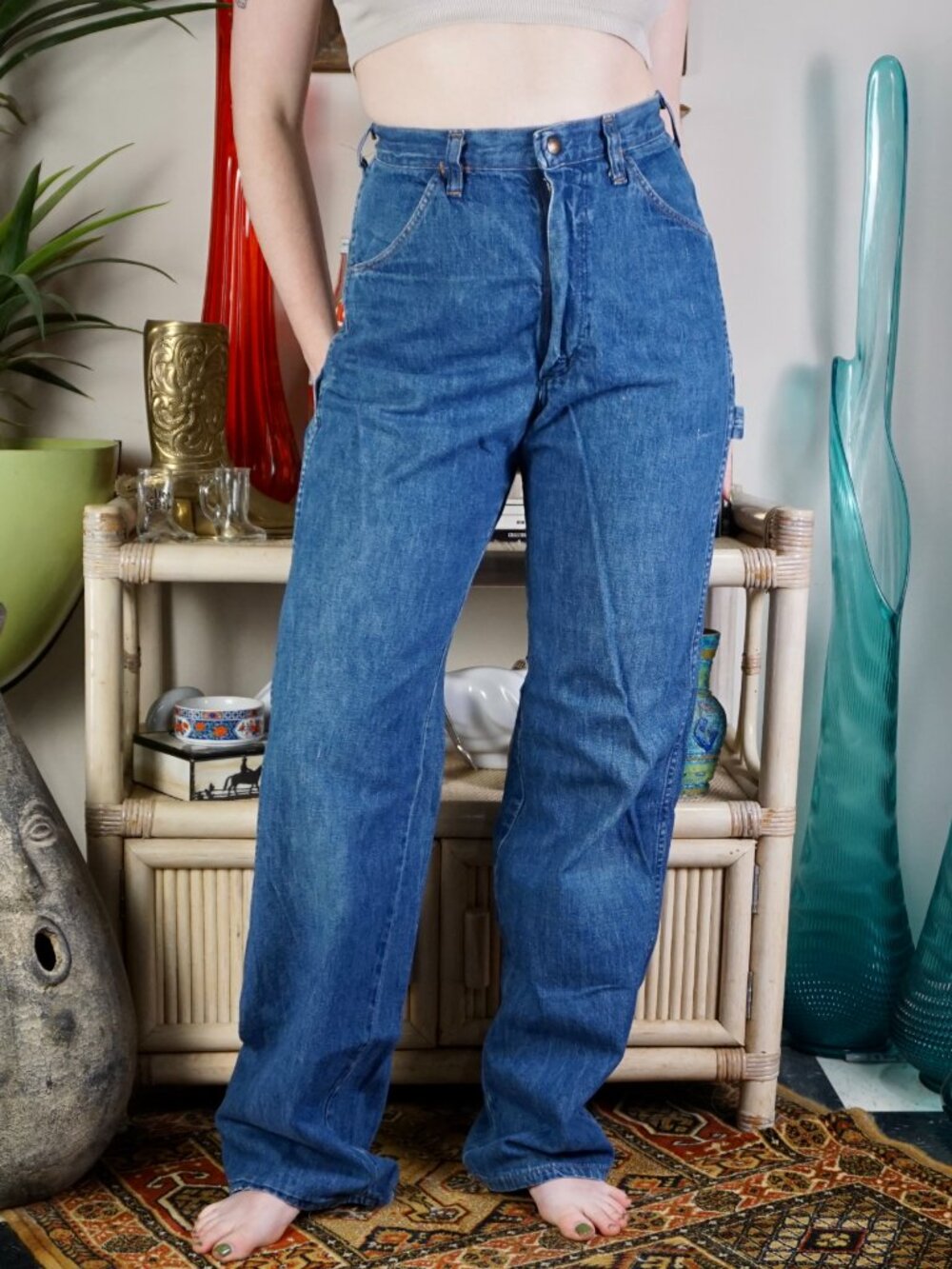Vintage Wrangler high rise cargo denim wide straight leg